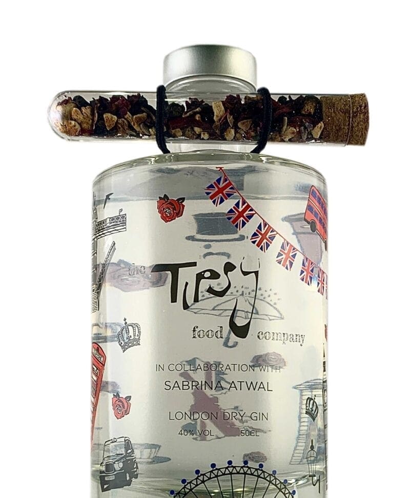 A bottle of Tipsy's London Dry Gin (50cl) with a label on it.