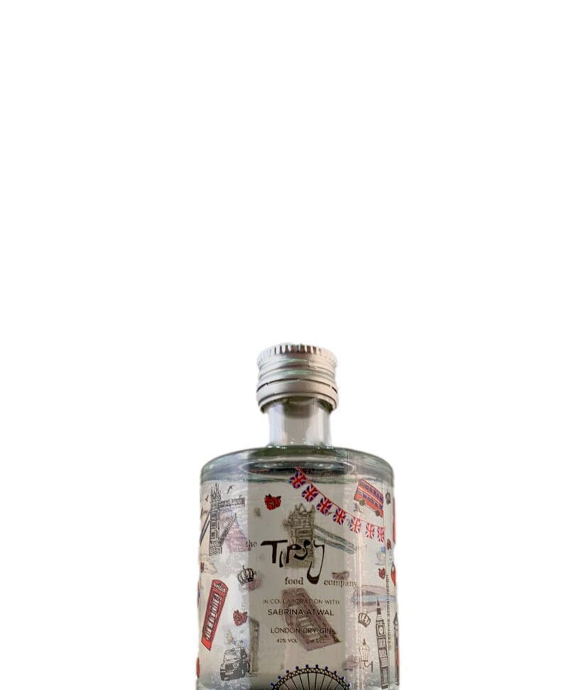A bottle of Tipsy's London Dry Gin (5cl) with a design on it.